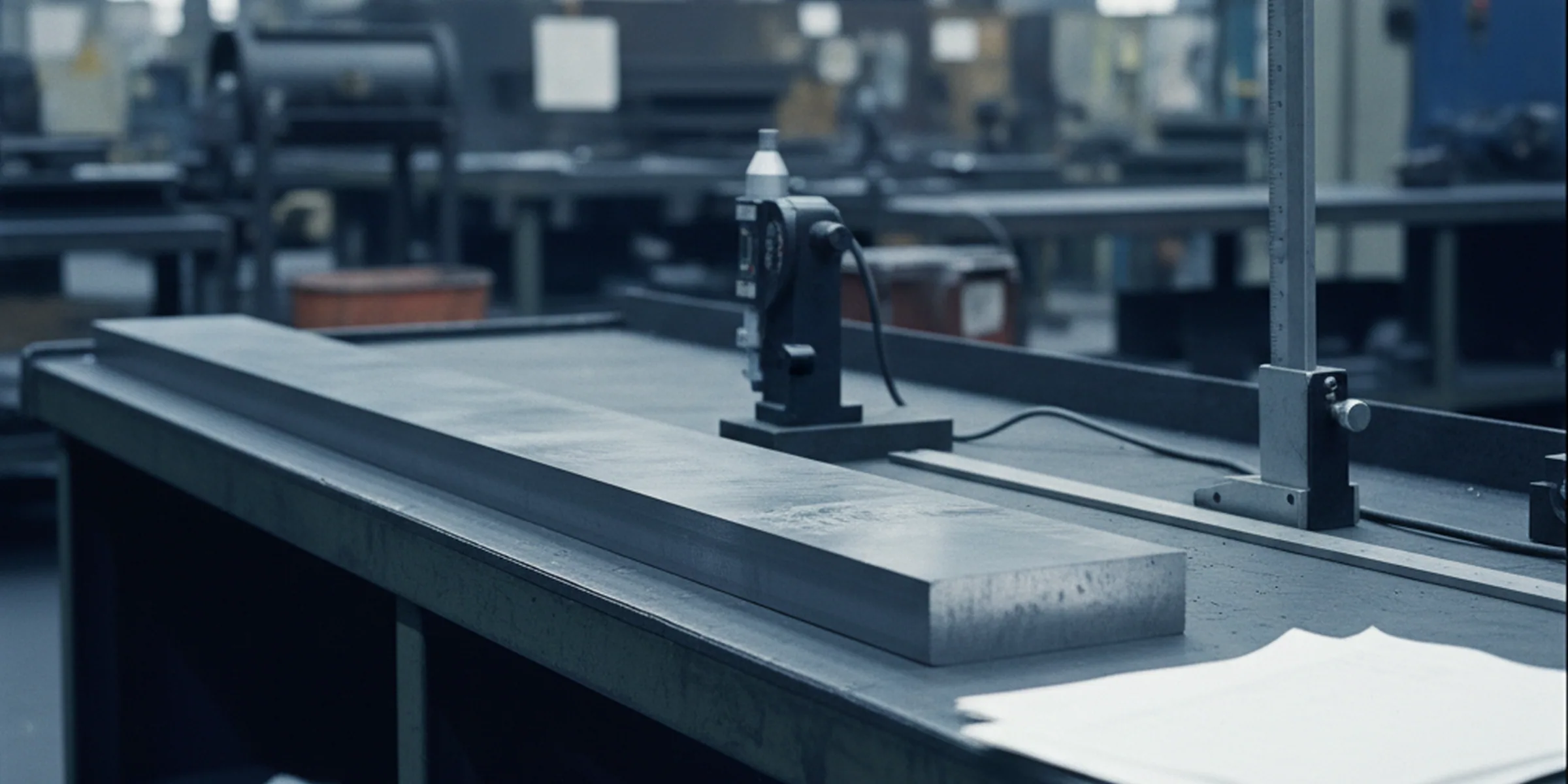 Dimensional inspector checking a ground tool steel plate in the finishing area before packing