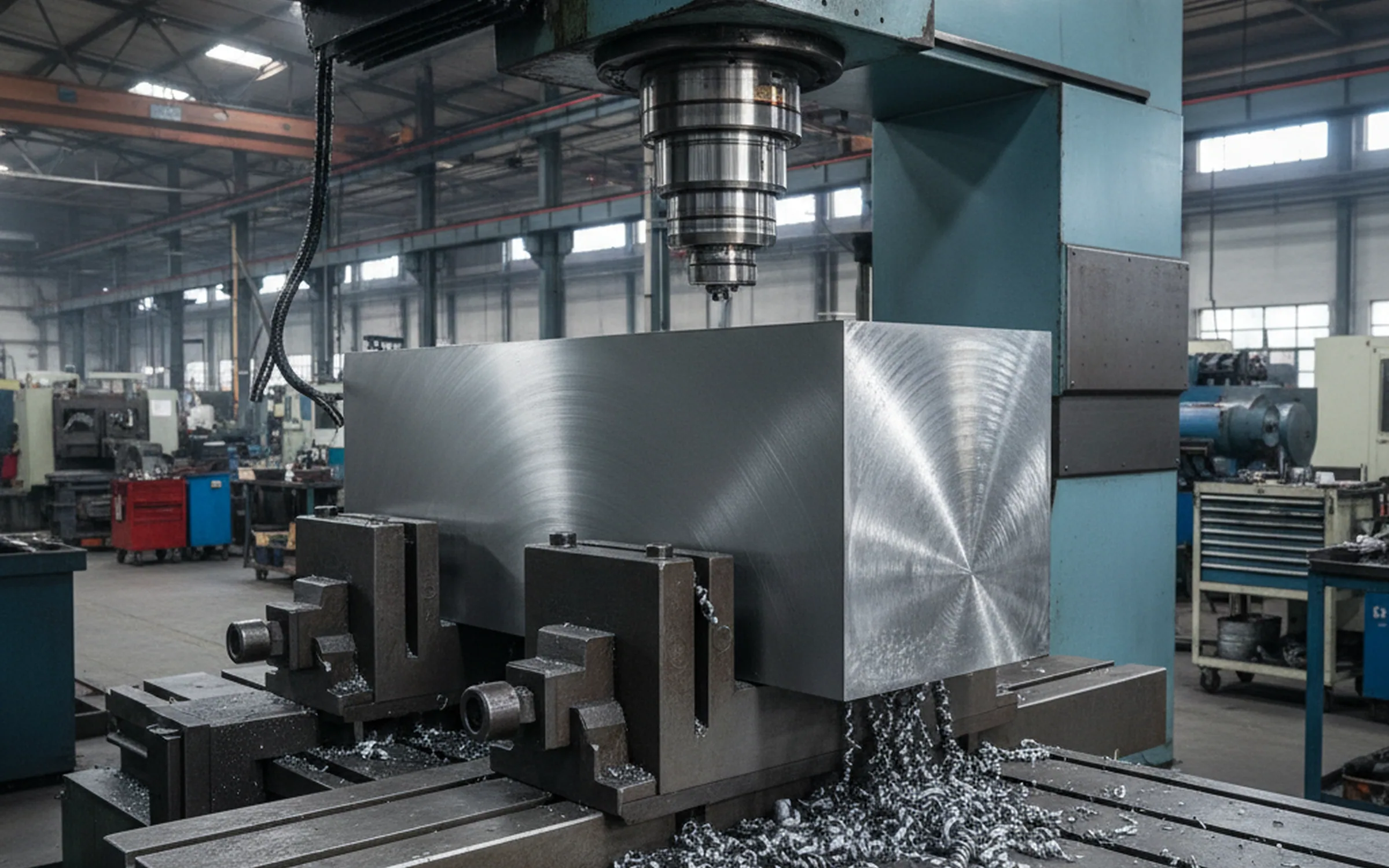 Tool steel mould base block clamped on a CNC gantry mill with the fifth face being cut