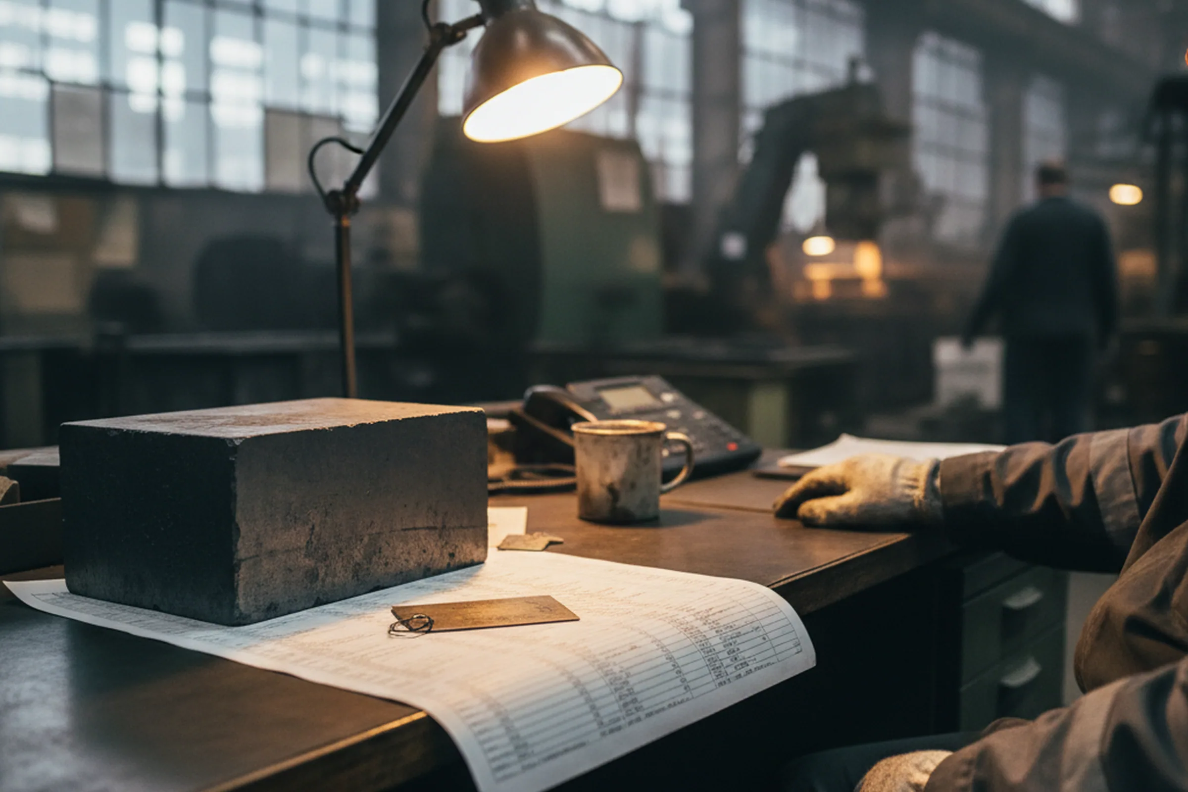 Commercial desk running a tool steel distributor program account with a replenishment list open beside heat number tags