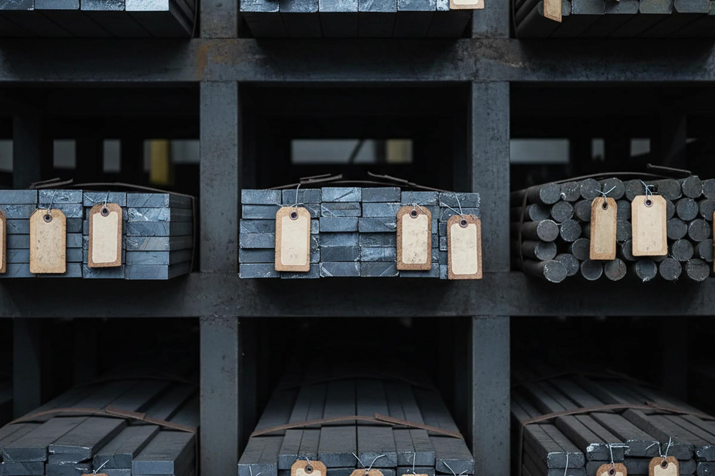 Finished tool steel bars racked by grade in a distributor warehouse