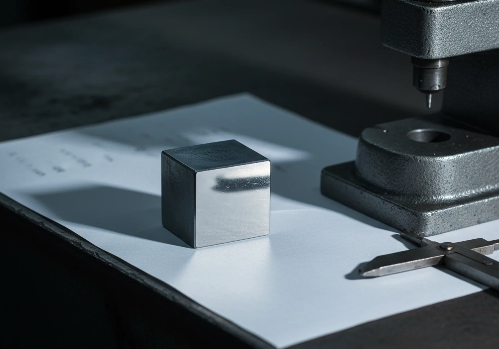 Sample certificate on the inspection bench beside a tool steel test piece