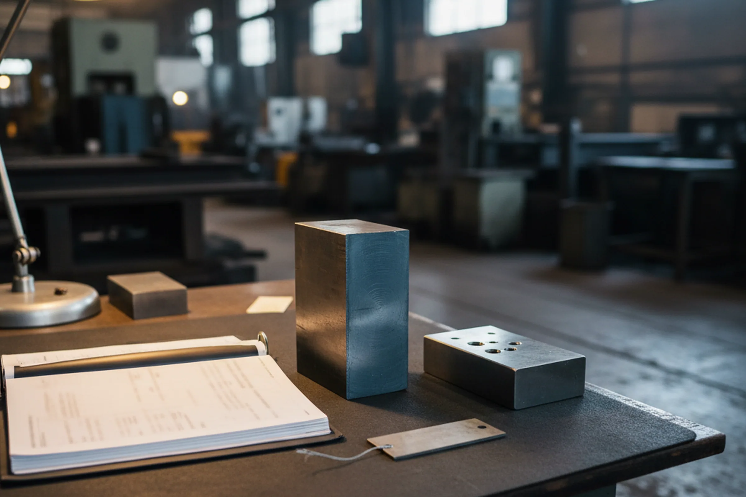 Technical desk writing a forwardable answer beside a sawn tool steel section and its heat number tag