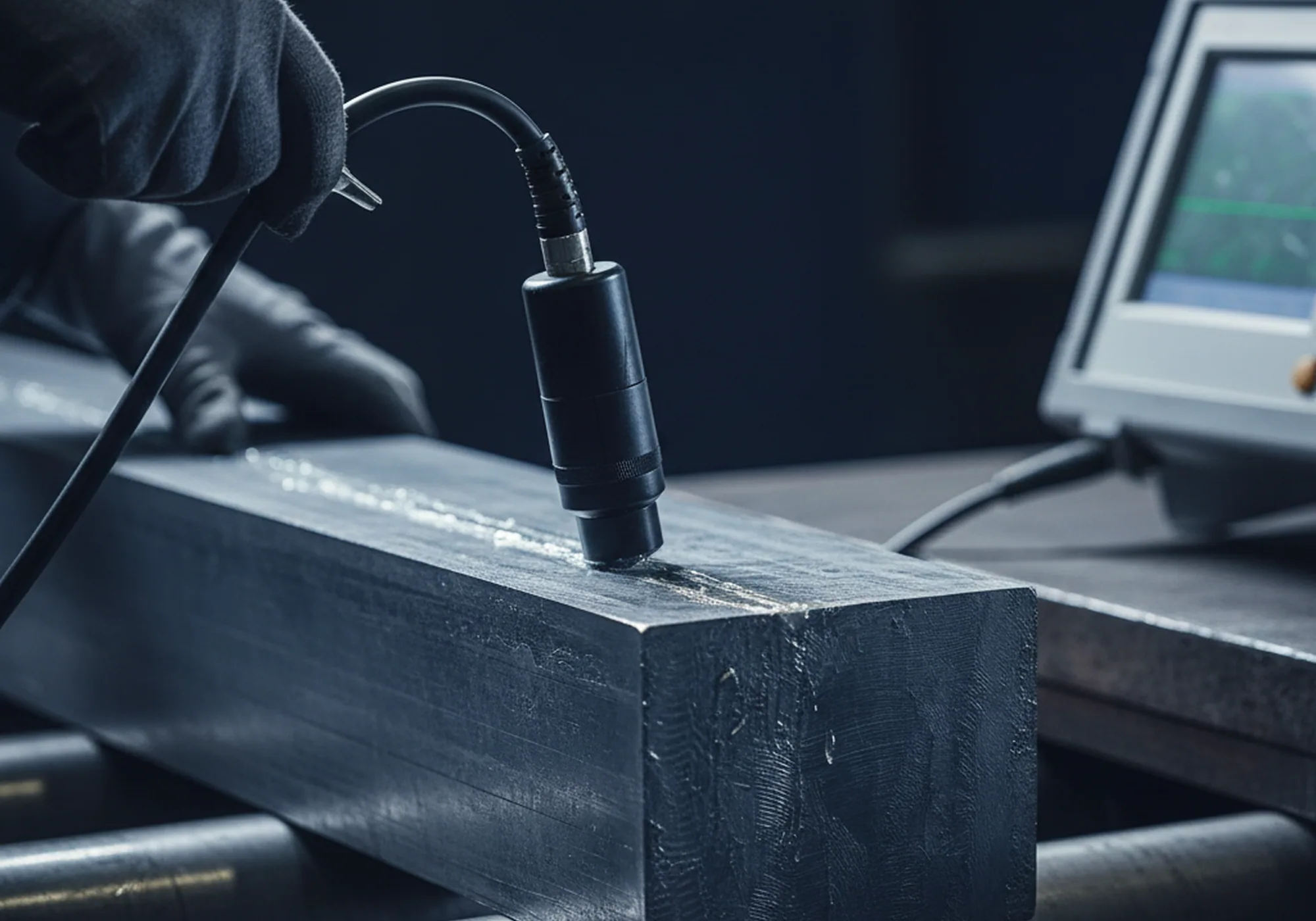 Ultrasonic testing of a tool steel bar, the individual reading kept against the heat number