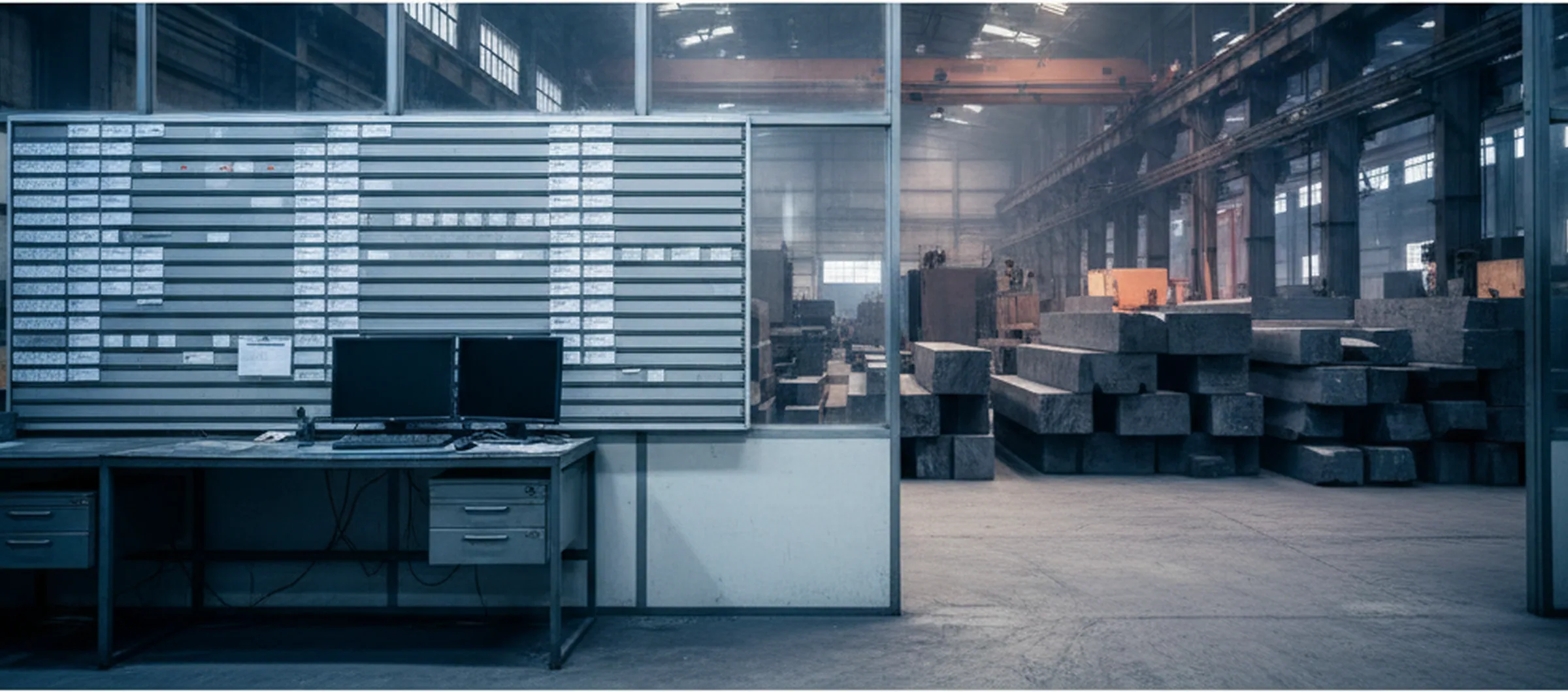 Production scheduling floor where the date on a tool steel line is fixed