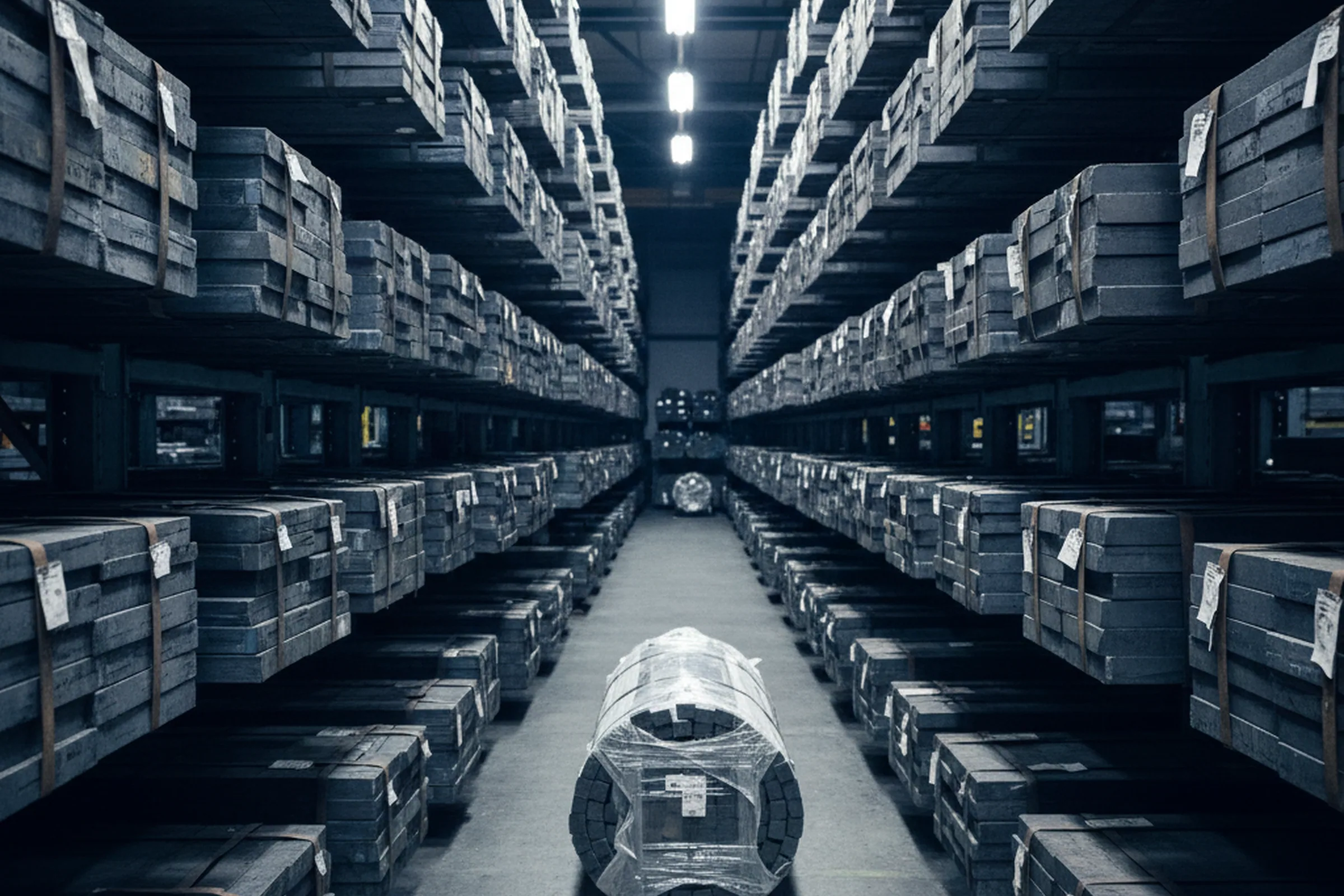 Warehouse aisle of finished tool steel stock refilled from the works own melting