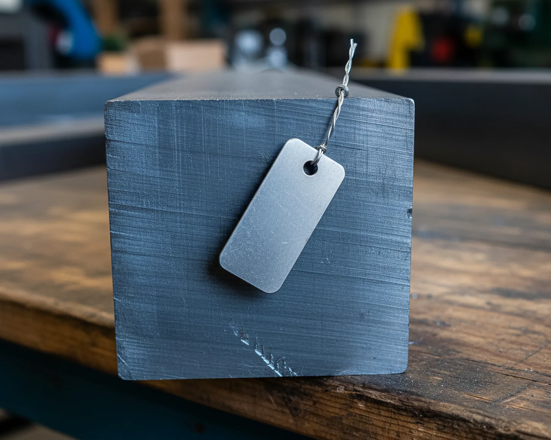Heat number tag wired to a finished tool steel bar under a tool steel distributor program