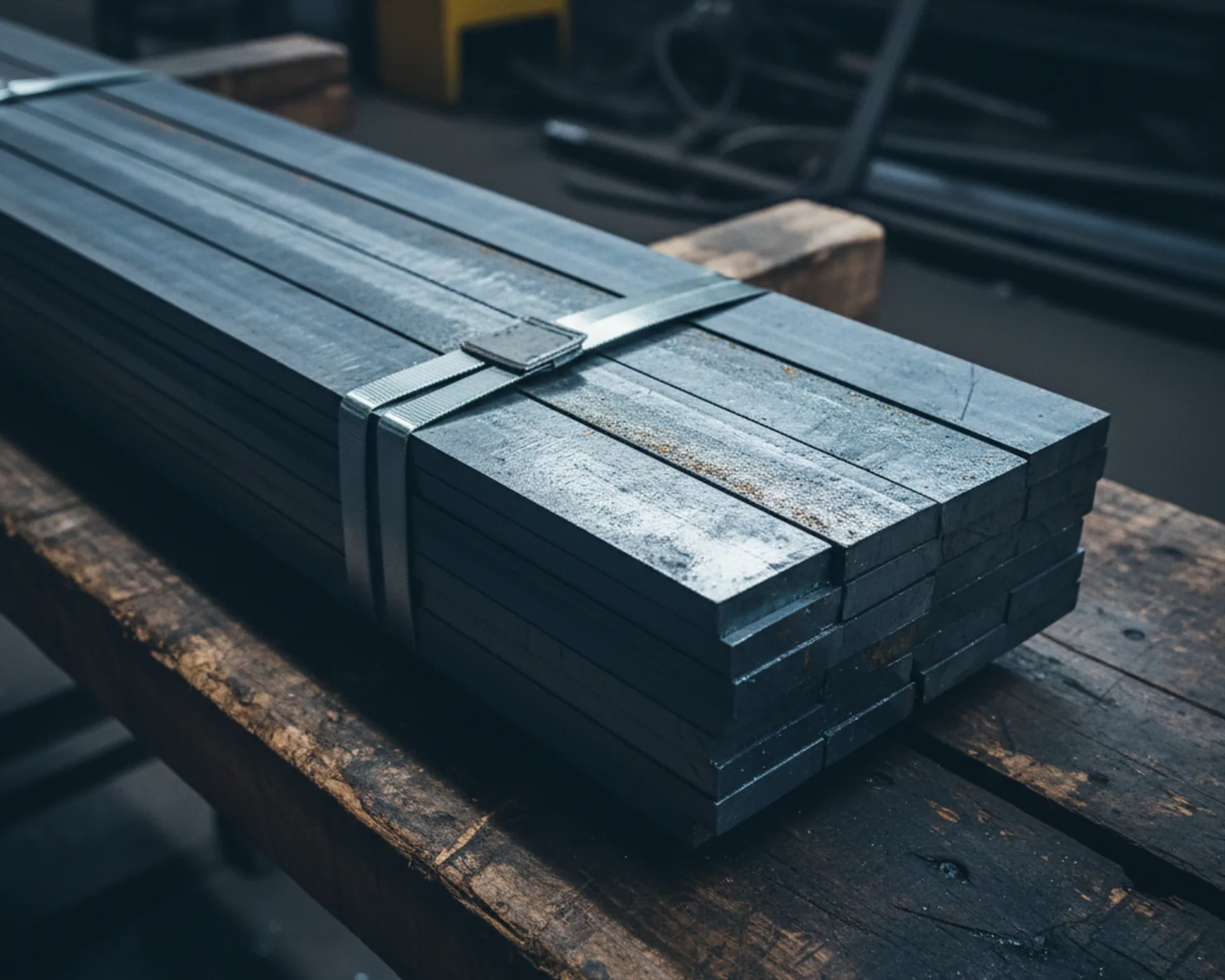 Steel strapped bundle of tool steel bars on timber dunnage with rust preventive oil applied