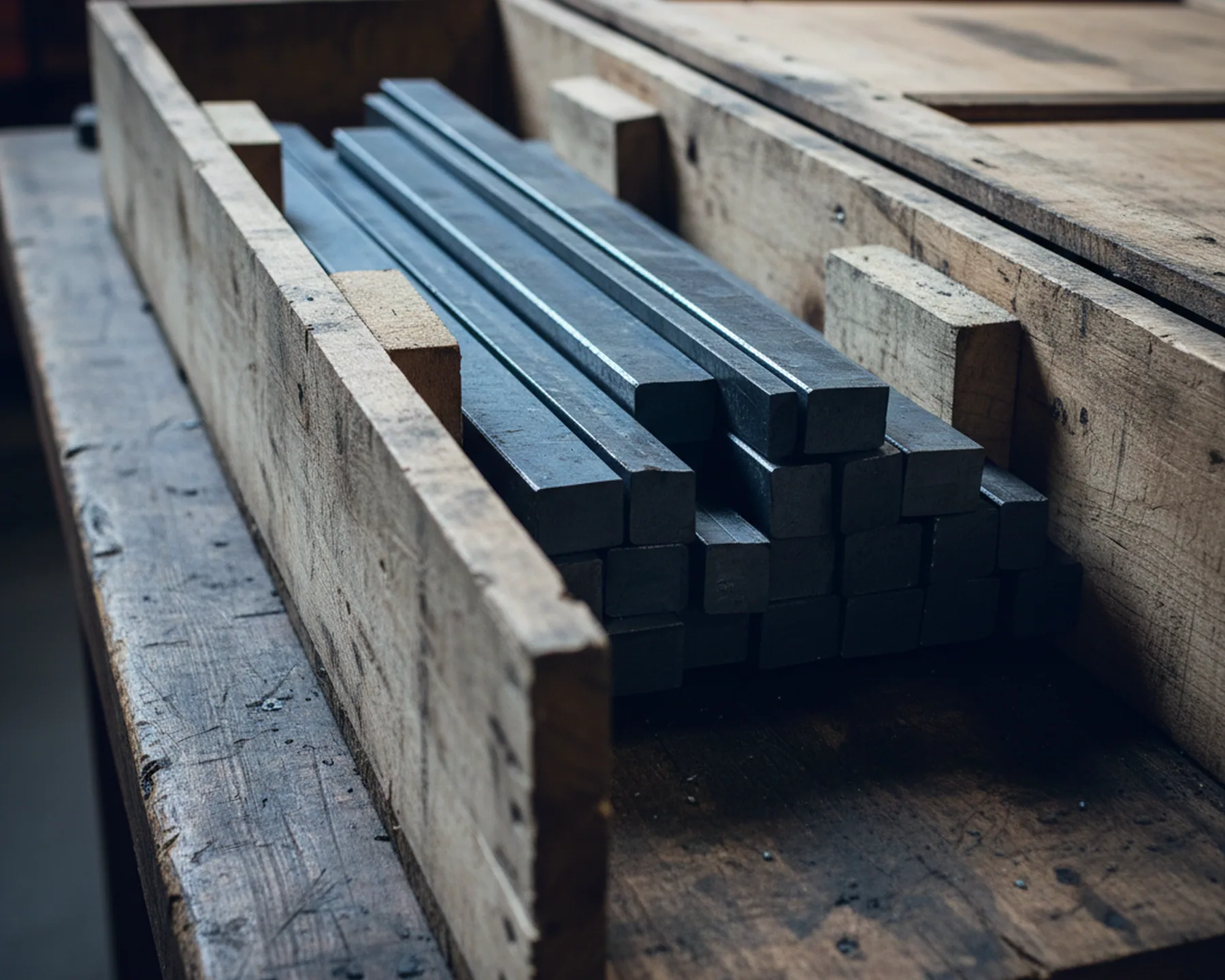 Timber case built to the fumigation requirements of the destination for tool steel