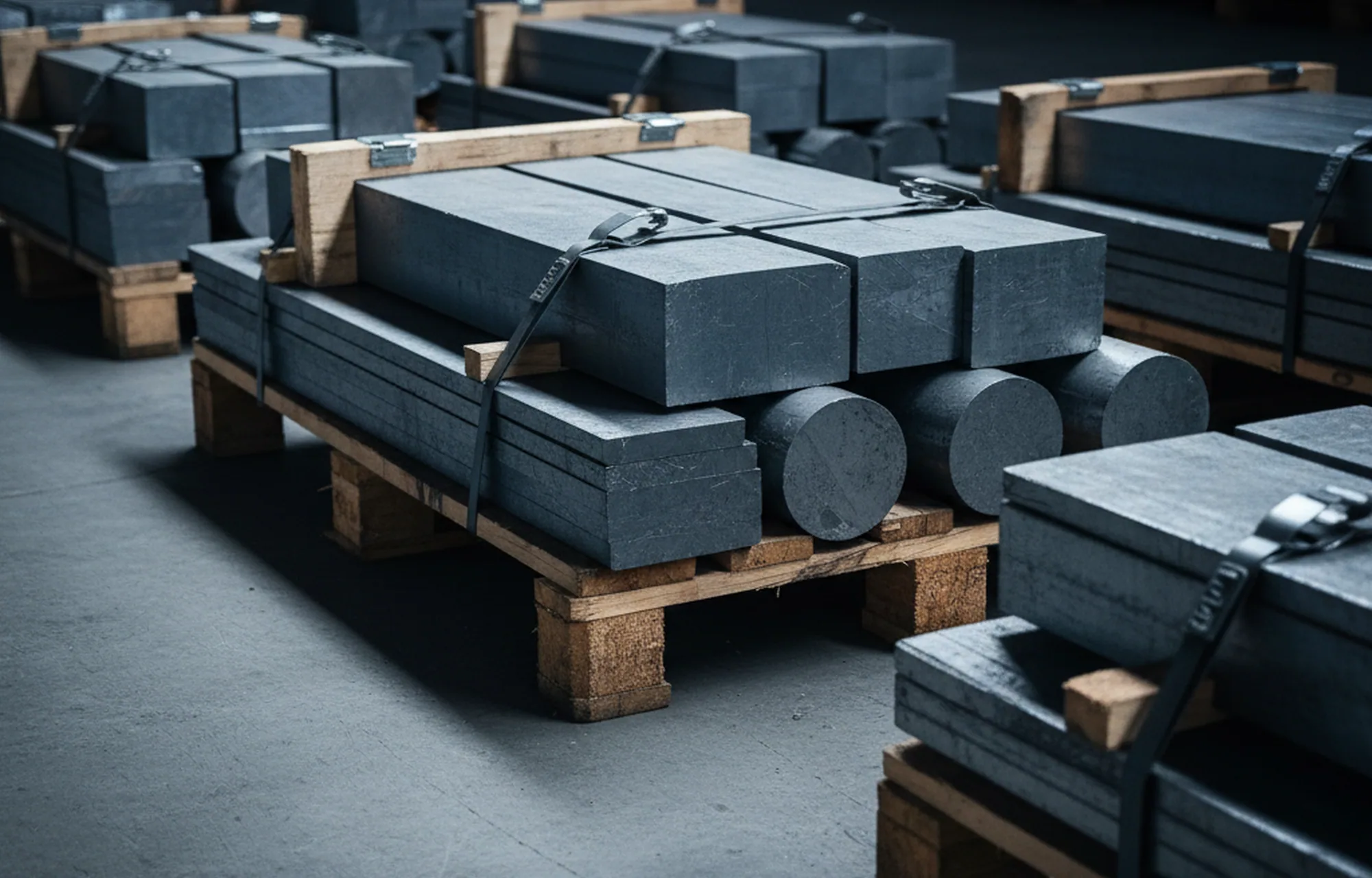 Pallets of strapped tool steel staged for despatch to distributors in more than 100 countries