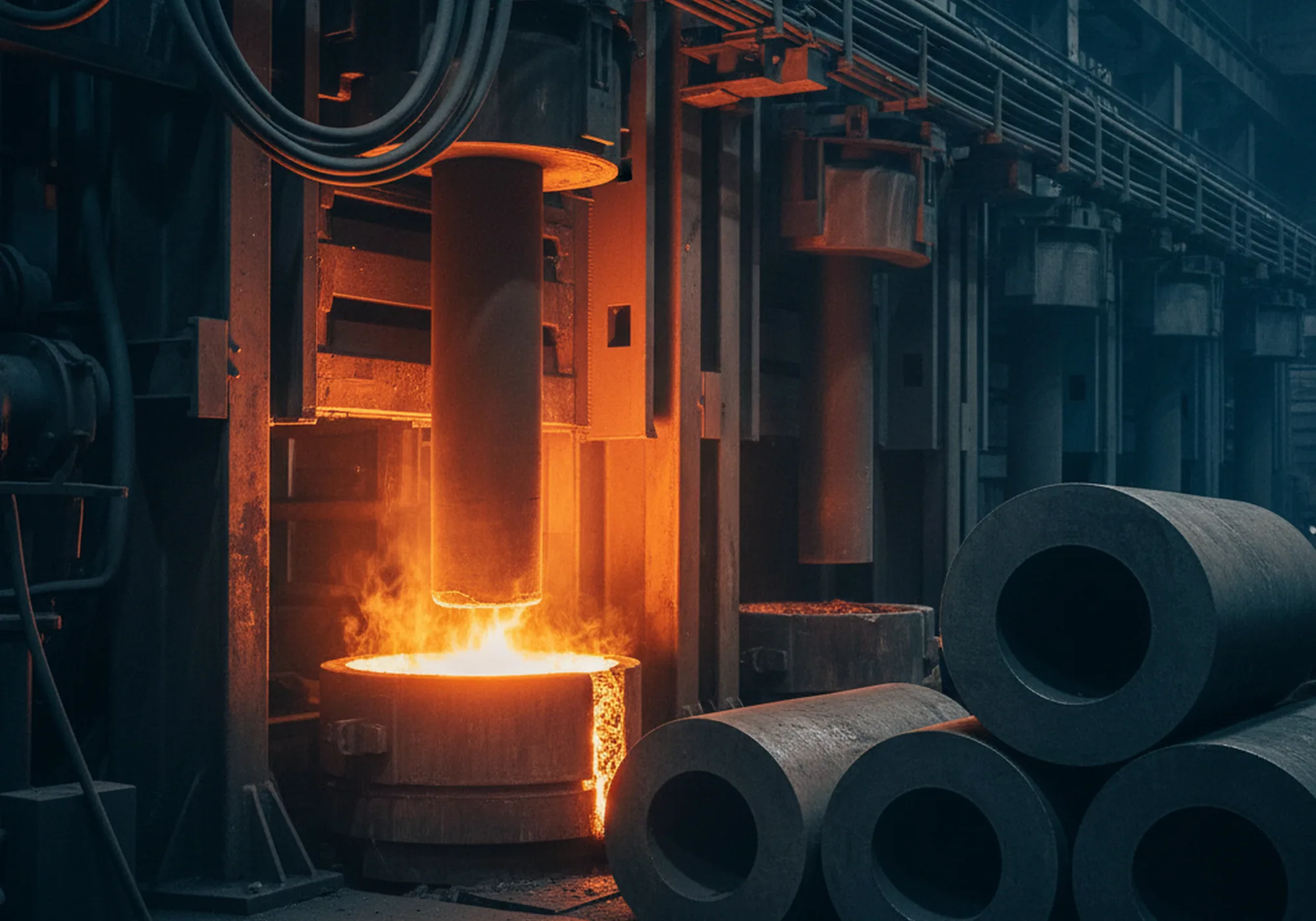 Row of electroslag refining furnaces used on every tool steel grade in the range