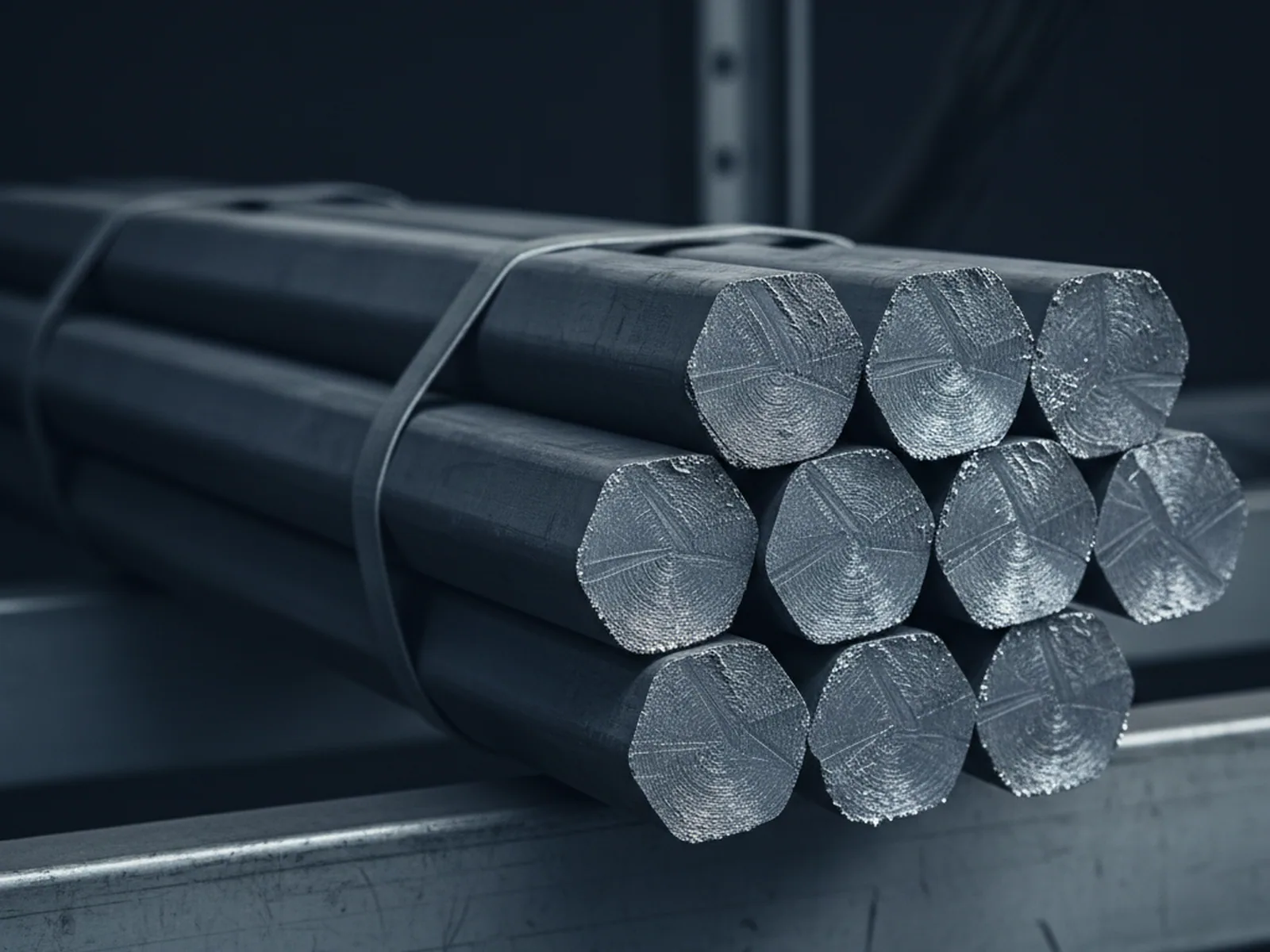 D2 cold work tool steel rounds on a stock rack