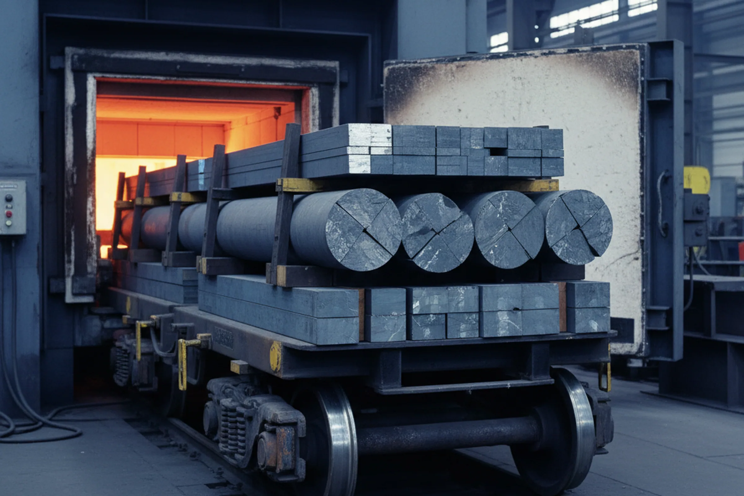 Bogie hearth furnace charge of annealed tool steel bar being drawn out