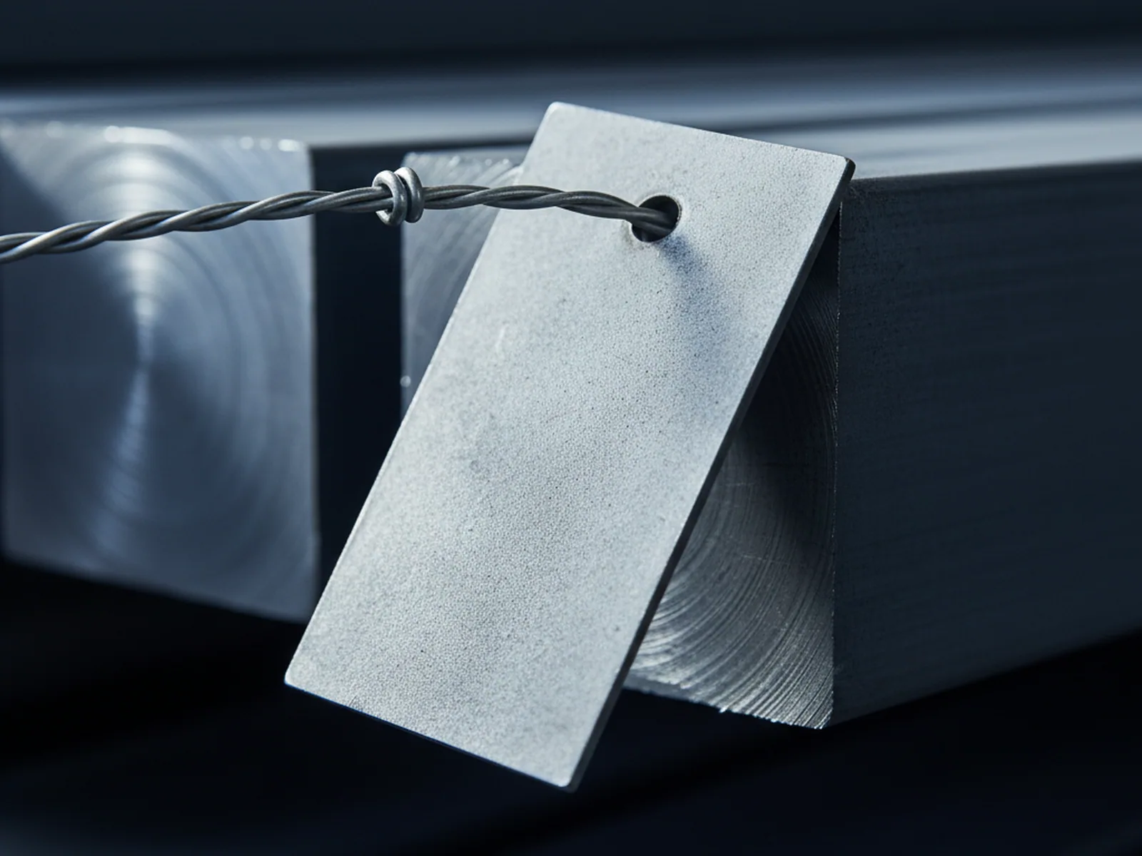 Heat number tag wired to a tool steel bar for record keeping