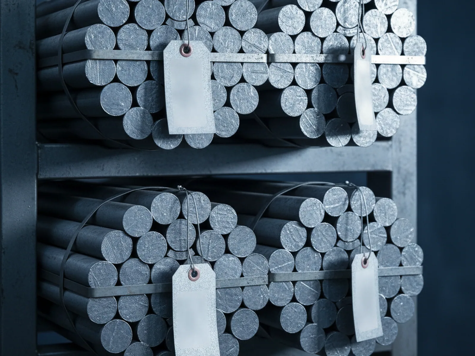 Tool steel bar from two deliveries of one grade stacked in a rack